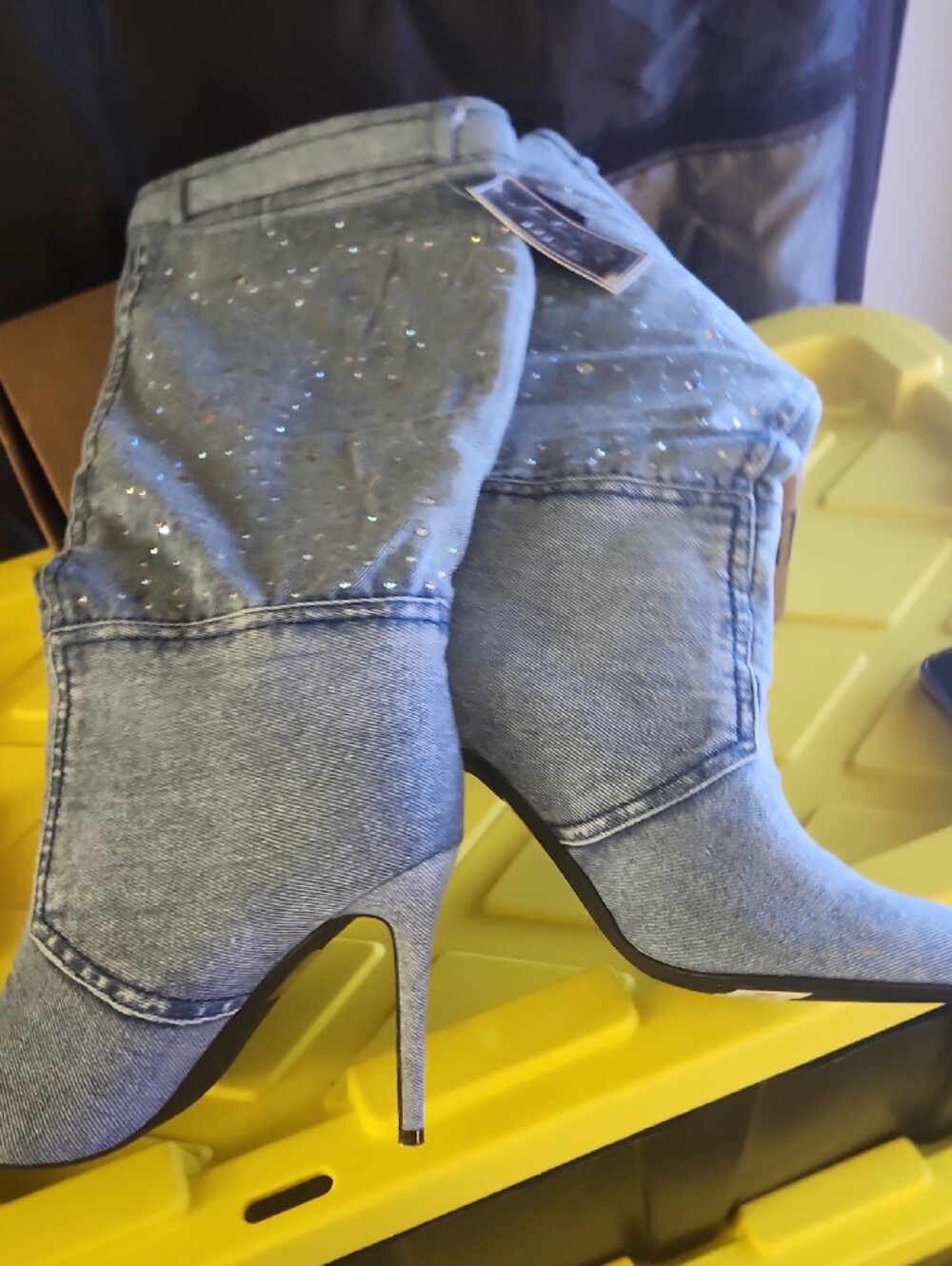 Denim Light Blue Rhinestone Embellished Denim Stiletto Ankle Boots - Picture 4 of 7